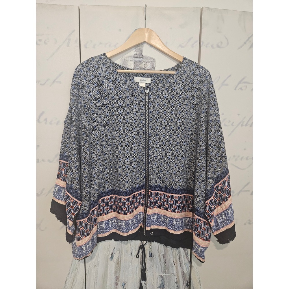 CJ‎ Banks Womens 2X Blue Geometric Medallion Zip Up Kimono Jacket Fringe Tassel